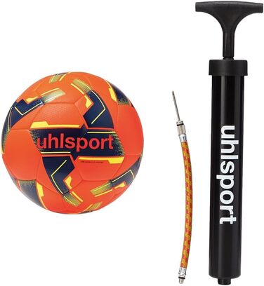 Дитячий футбольний м’яч Uhlsport 290 Ultra Lite Synergy для тренувань та ігор, до 10 років, флуо-оранжевий/темно-синій, розмір 4, комплект з насосом