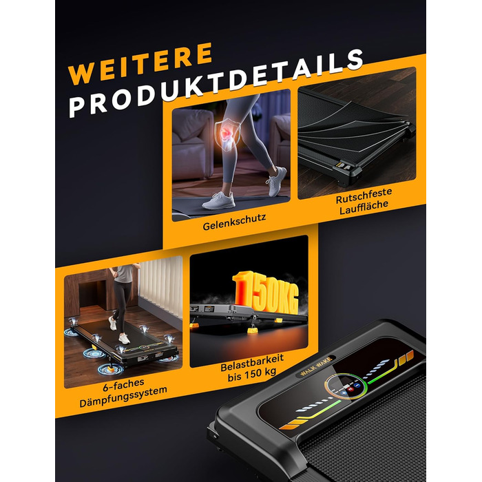 Біговий тренажер з нахилом 10%, Компактний біговий стіл для дому та офісу, Walking Pad, вантажопідйомність 150 кг, 2.5HP тихий мотор, портативна бігова доріжка з пультом керування 1-6 км/год, жовтий