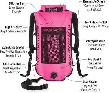 Плавальний жилет Open Water 28 л з водонепроникним мішком та знімним підкладкою для спини. Легкий, міцний, легко складається. Для дорослих, рожевий.