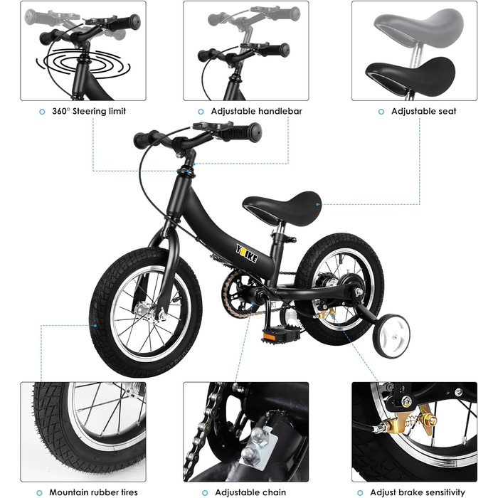 YBIKE 2-в-1: Біговел та дитяче велосипед, 12/14/16 дюймів, з гальмом та педалями, для дітей 1-7 років (Чорний, 16 дюймів)
