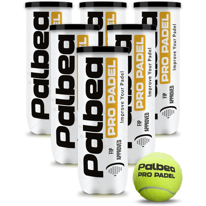 Palbea PRO Padel - М'ячі для падел-тенісу, сертифіковані FIP, преміум-якість. Ідеальні для тренувань та турнірів. Виготовлені з HV-фетру для високої видимості. 1 картон x 6/12/24 банки