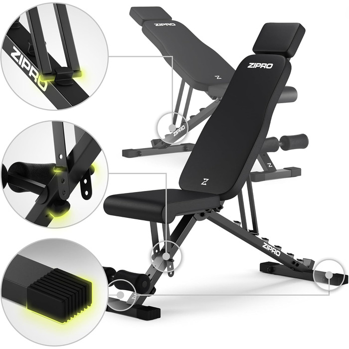 Спортивна лава ZIPRO для дому: 7 положень, навантаження до 300 кг, тренажер для пресу та спини, чорний колір