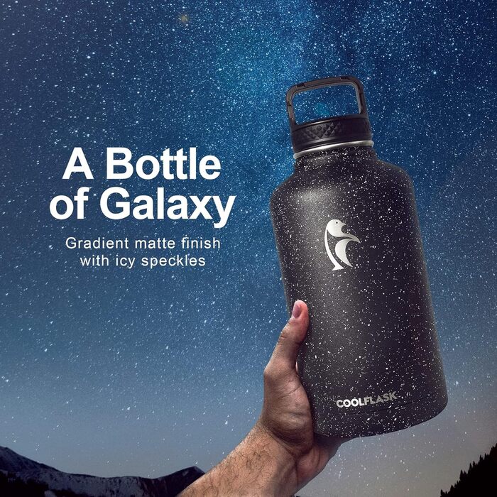 Термос-банка Coolflask 2 л з трубочкою, 3 кришки, вакуумна пляшка з нержавіючої сталі для спорту і подорожей, Starry Black, 2000 мл, чорна