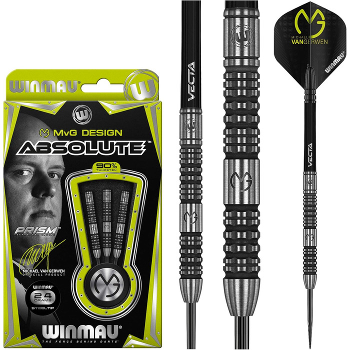 Дротики WINMAU Michael Van Gerwen MvG Absolute 24 г вольфрамові для дартсу, сталевий наконечник, набір з оперенням і хвостовиками, професійні