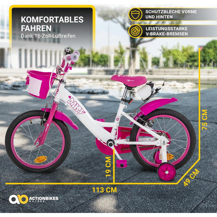 Дитячий велосипед Actionbikes Daisy 12/16/20 дюймів, V-гальма, для дівчаток і хлопчиків, з крилами, від 2 до 9 років