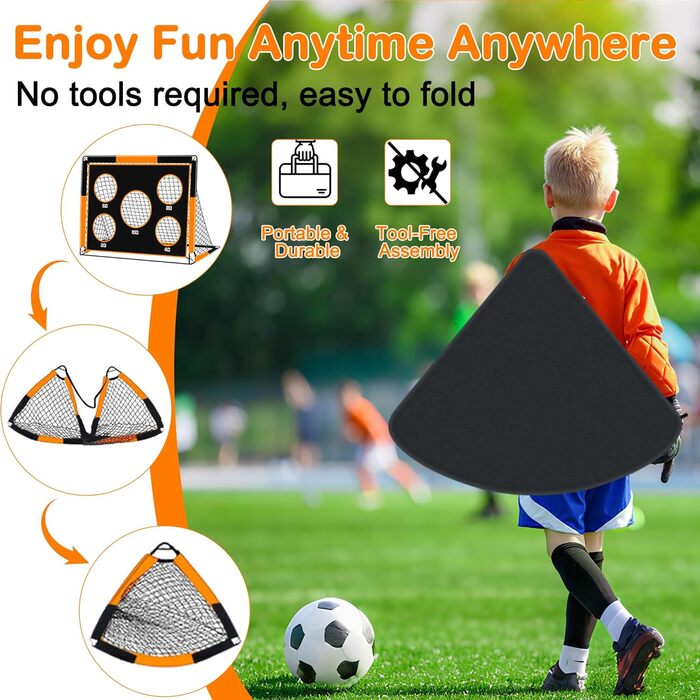 Дитячі воріта для футболу 2-в-1, 150х120 см, портативні та стабільні, з 5 зонами для забивання, 4 кілочки для кріплення та сумка для перенесення, для саду, парку, пляжу, оранжеві