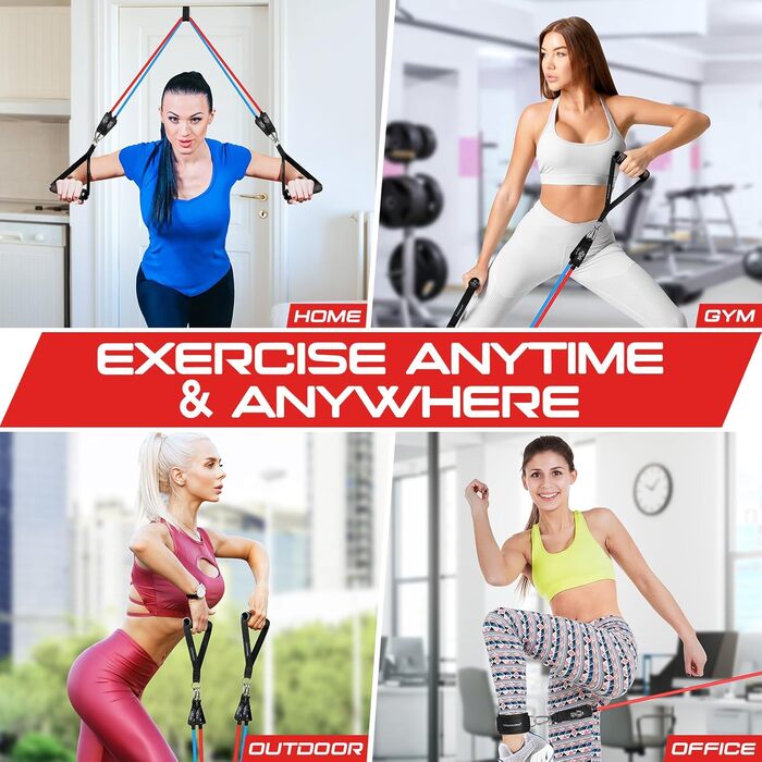 RENRANRING Резистентні еластичні стрічки для фітнесу, 150 lbs, набір з ручками та ременями для ніг, для тренування м'язів, формування тіла, фізіотерапії, кольори: рожевий, блакитний, сірий, чорний