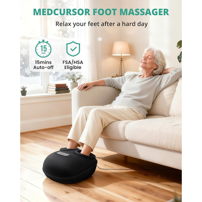 Масажер для ніг Medcursor з підігрівом, глибокий масаж, зняття напруги м'язів та стоп, багатоступеневі налаштування та регульована інтенсивність для дому та офісу (Чорний)