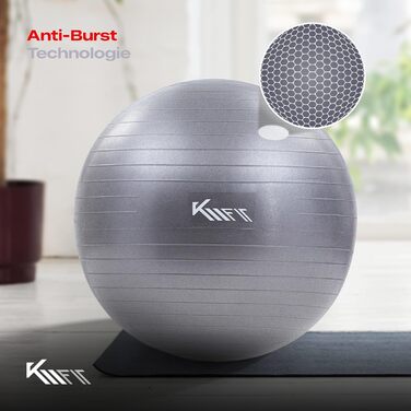 Гімнастичний м'яч KM-Fit 65 см: фітнес, йога, офіс, тренування, без BPA, сірий