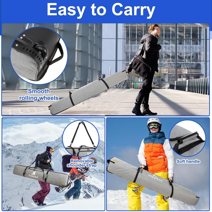 Скі-сумка на колесах для подорожей, м'яка подвійна скі-сумка для 2 пар лиж до 175 або 190 см, сіра (175 см)