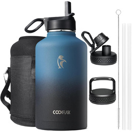 Термос пляшка для води 2 л Coolflask з нержавіючої сталі з трубочкою та 3 кришками, подвійна вакуумна ізоляція, для спорту та офісу, сірий, не протікає