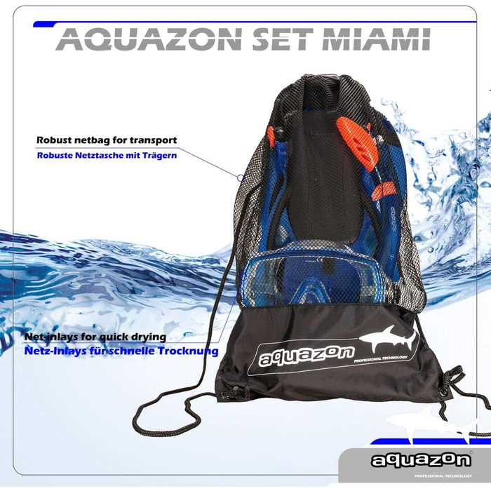 Дитячий набір для підводного плавання AQUAZON Miami: маска з прозорим склом, трубка, ласти, регульований розмір 32/37, темно-синій, для дітей 7-14 років