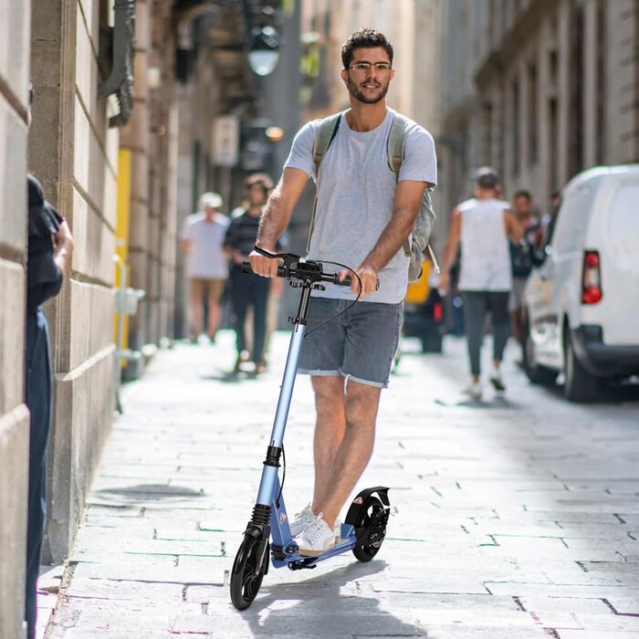 Дитячий складний самокат для дітей 8-15 років з великими колесами 200 мм, дисковими гальмами та регульованою висотою, синій