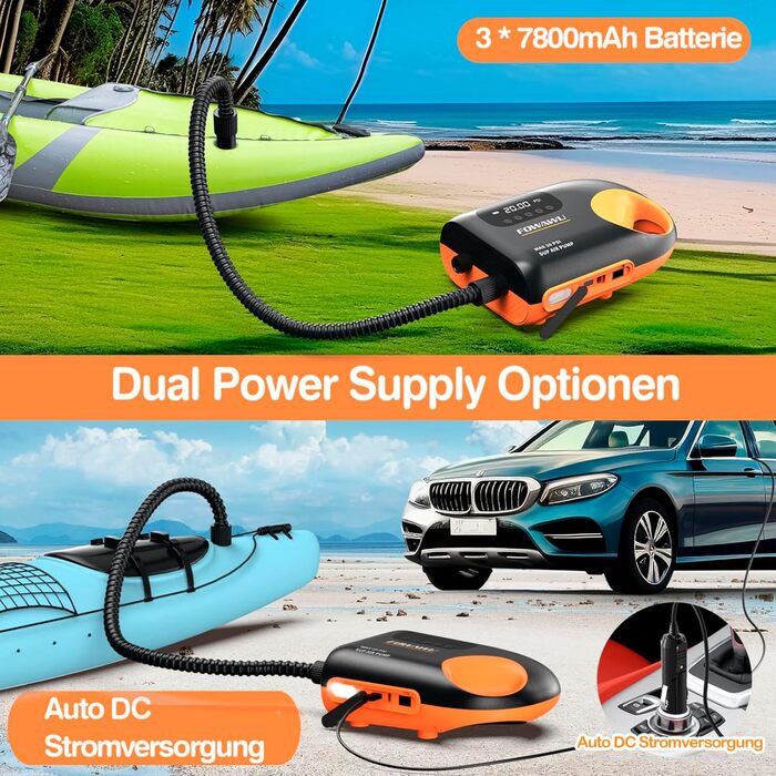 Насос FOWAWU 20PSI 12V DC для SUP, човнів та каяків: активне охолодження, автоматичне надування/здування