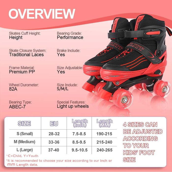 Дитячі ролики для катання: регульовані, зі світловими колесами, чорно-червоні (32-36 EU)