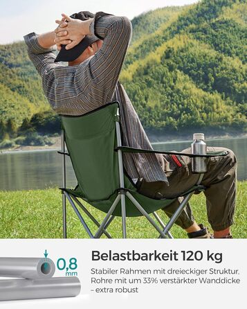 SONGMICS Крісла для кемпінгу, складні, для відпочинку на природі, зручні, з підлокітниками та тримачем для напоїв, стабільний каркас, вантажопідйомність 120 кг, 2 шт (Оливковий)