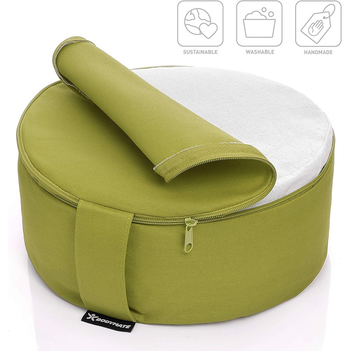 Йога-подушка BODYMATE кругла, 31 см в діаметрі, 13 см висотою, з наповнювачем з лушпини гречаного зерна, знімний чохол з 100% бавовни, для медитації та сидіння (оливковий)