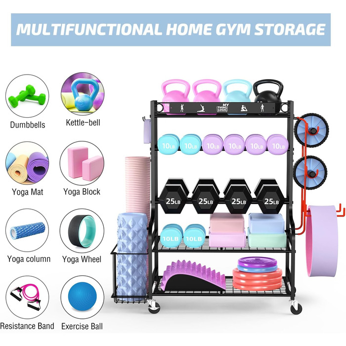 Органайзер для йоги Mythinglogic Regal: килимок, роли, гантелі, блоки. Стенд для фітнес-обладнання. Чорний