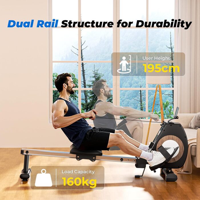 Гребний тренажер ONETWOFIT складаний для дому Pro, 16 рівнів навантаження, кросстренажер до 160 кг, сумісний з додатком, чорний