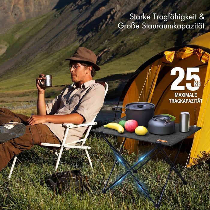 Стіл для кемпінгу VILLEY складний, розкладний, з алюмінію та Оксфордської тканини. Максимальне навантаження 25 кг, з сумкою. Легка установка, ідеально для кемпінгу, відпочинку на природі, риболовлі та вуличної кухні. Чорний.