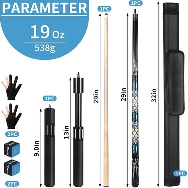 Білий більярдний кий Kmise Professional Pool Cue - 19/20/21 oz з канадського клена, з карбоновою телескопічною насадкою, для дорослих (595г)
