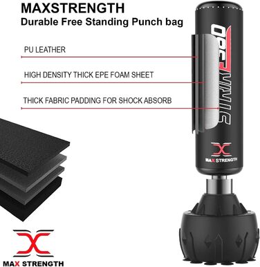 MaxStrength Вільностоячий боксерський або кікбоксерський мішок 1,7/1,8 м для єдиноборств, ММА, фітнесу, міцна стійка-мішок