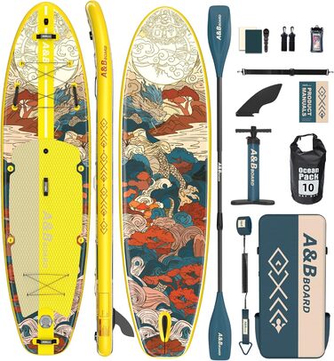 Надувний SUP-борд A&BBOARD з аксесуарами: насос, рюкзак, стабільний дизайн. Підходить для молоді та дорослих (жовтий + дракон)