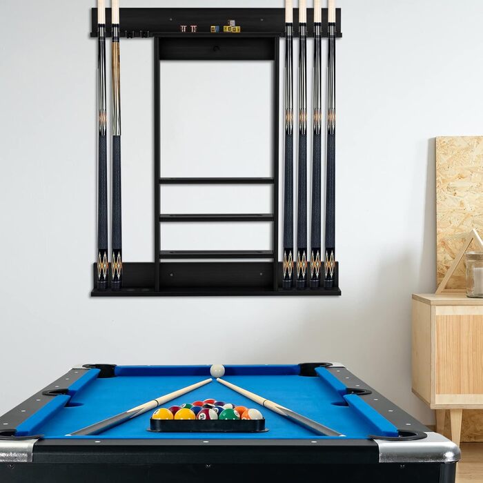 Стійка для київ GYMAX для 8 київ та аксесуарів для більярду, настінна, з дерева, для більярдних кімнат та клубів, 79 x 8 x 91 см (чорний)