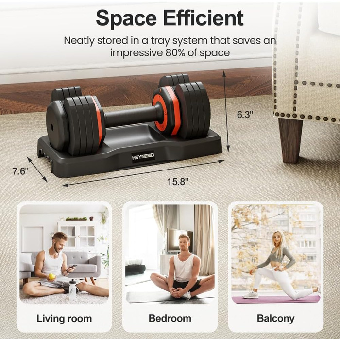 Регульовані гантелі Heynemo Double, 5-25 кг з антиковзною металевою ручкою для чоловіків та жінок, швидка зміна ваги з піддоном для домашнього спортзалу, фітнес, повне тренування тіла
