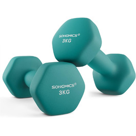 Гантелі SONGMICS 2 x 3 кг, шестигранні, неопрентове покриття, набір для фітнесу та силових тренувань вдома, аквамаринові