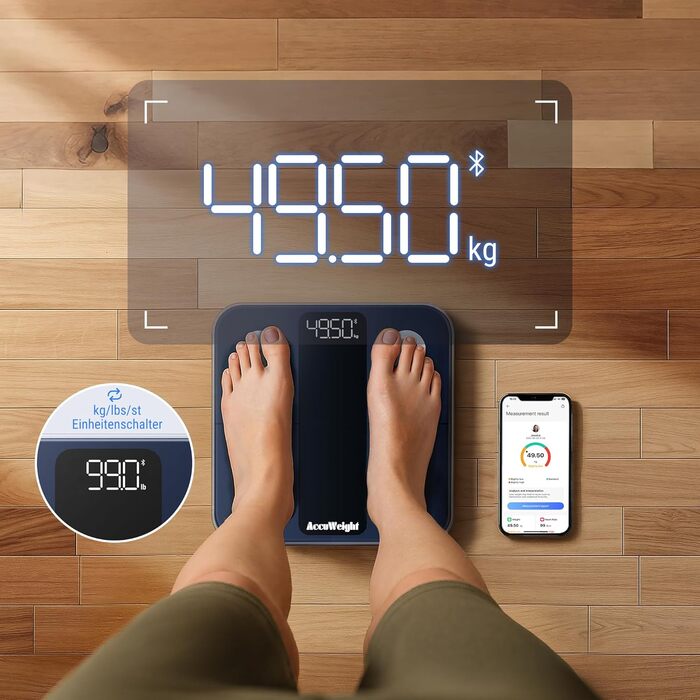 Вага для вимірювання жиру та м'язів ACCUWEIGHT з Bluetooth, аналіз тіла, вимірювання 17 показників, до 180 кг