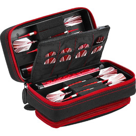Casemaster Plazma Pro чохол для 6 дротиків (м'які та сталеві наконечники), з великою передньою кишенею для телефону, вбудованими тубусами та кишенями для оперень і наконечників, рубіново-червона окантовка