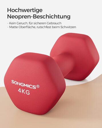 Гантелі SONGMICS 2×4 кг, шестигранні, неопрено́ві, набір для силових тренувань вдома, рубіново-червоні