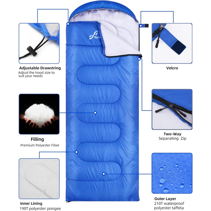 Сплячий мішок Outdoor Sportneer для дорослих та дітей - легкий спальник для кемпінгу, походів, рюкзаків 220x75см, блакитний