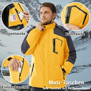 Чоловіча зимова куртка KEFITEVD: водонепроникна, дихаюча, з капюшоном, для сноуборду та активного відпочинку (XL, сіро-жовтий)