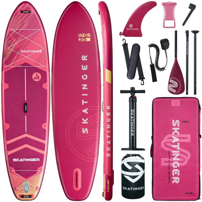 Надувний SUP-борд Skatinger для йоги та прогулянок, 289x86.4x15.2 см, червоний метеорит. Рюкзак 1600D, D-кільця, ремінь.