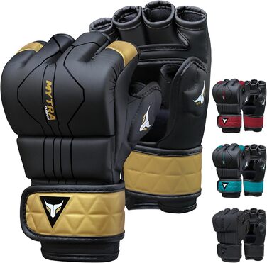 Рукавички для MMA чоловічі та жіночі — дихаючі рукавички з відкритим пальцем для спарингу, рукавички для греплінгу, кікбоксингу, муай-тай, боїв у клітці та тренувань. Чорний/Блакитний (XL, Чорний/Золотий)