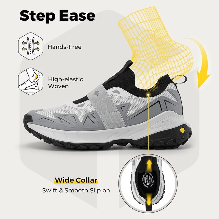 Черевики для хайкінгу FitVille для чоловіків, широкі, трекінгові, slip-on, Outdoor, дихаючі, для ходьби, антиковзаючі, повсякденні, широкі кросівки 47 EU X-широкі, Nebel Mondgrau