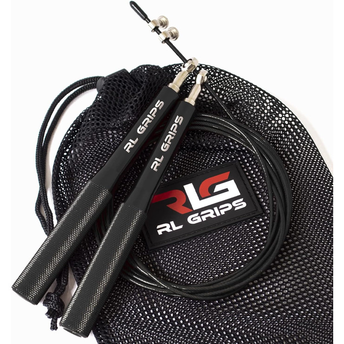 Стрибкове канатка RL Grips® з алюмінієвою ручкою та неслизьким покриттям - канатка з 2 мм тросом для кардіотренувань та фітнесу (Чорний)