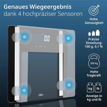 Ваги для тіла ADE Ines з аналізом складу тіла (жир, м'язи, ВМІ) | До 200 кг | Білий/Чорний