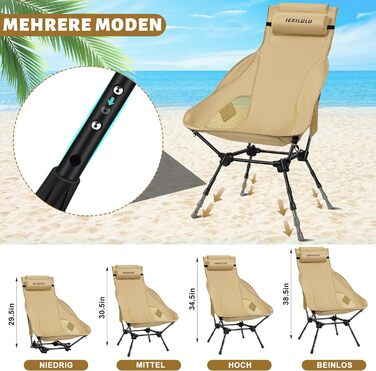 Складний туристичний стілець IEEILULU з високою спинкою, 130 кг, з кишенями, для кемпінгу, риболовлі, пікніка (колір: коричневий)