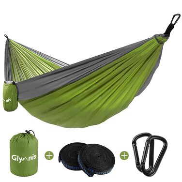 Гамак Glymnis ультралегкий нейлоновий 275x140 см, вантажопідйомність 300 кг, з ременями та карабінами для кемпінгу, подорожей, саду - зелено-сірий