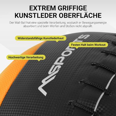 М'яч для фітнесу MSports Wall-Ball Premium 2-10 кг, медичний м'яч 6 кг, помаранчевий