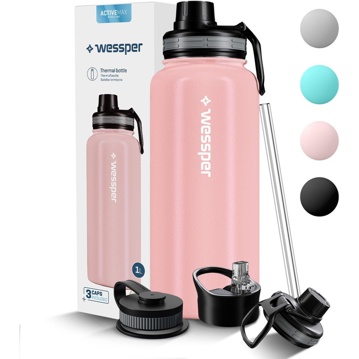 Термос Wessper 1000 мл з нержавіючої сталі, герметичний, BPA-free, 3 кришки, рожевий, для спорту, дітей і дорослих, для кемпінгу, велосипеда, outdoor
