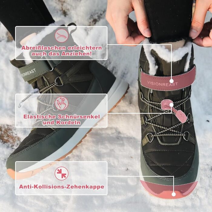 Зимові черевики VisionReast для чоловіків та жінок, утеплені, непромокаючі, трекінгові, туристичні, з антиковзкою підошвою, на липучці (36 EU, сірий)
