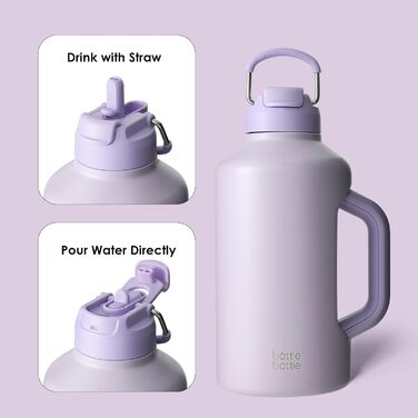 Ізольована пляшка для води Bottle Bottle з трубочкою та подвійним кришкою, спортивна сталева пляшка для чоловіків з ручкою, вакуумна сталь, для тренувань та спорту, 1,8 л (фіолетовий)