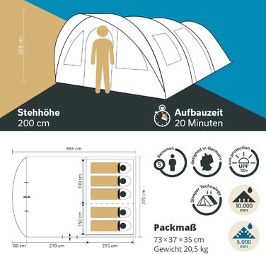 Намет Skandika Egersund Tunnel для 3, 5 або 7 осіб: Сімейний кемпінговий намет з технологією Sleeper, вшитим дном, чорною спальною кабіною, висотою 2м, водонепроникність 5000 мм (5 осіб XL, сірий)