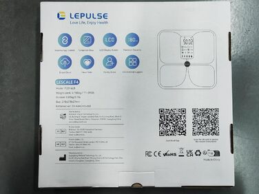 Розумна ваги Lepulse Lescale F4 з аналізом складу тіла, визначенням жиру та м'язової маси, ультраточна персональна вага з великим дисплеєм, 15 показників, біла