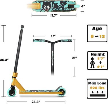 Скутер для трюків Joycruise Profi Scooters – ідеальний вибір для дітей та підлітків (від 6 років). Міцний фристайл-скутер з 360° поворотом та колесами 100 мм. Чорний колір, золоті акценти.