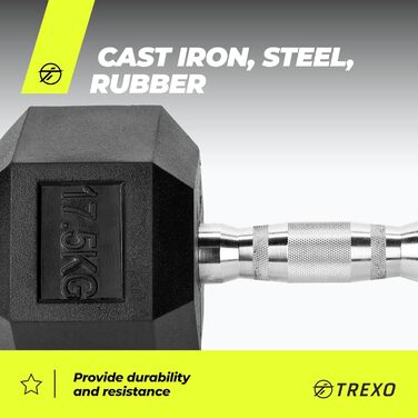 Гантеля TREXO Hex 17,5 кг, гексагональна, гумована, чавунна, для силових тренувань вдома, ергономічна ручка, міцна, універсальна